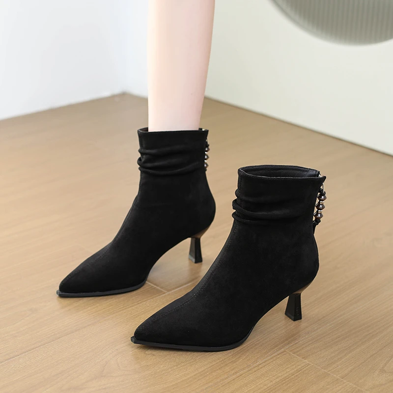 Aphixta Sexy 6.5cm High Heels Ankle Boots High Quality Suede Pointed Toe Woman Shoes Back Zipper Modern Boot Ladies Footwear