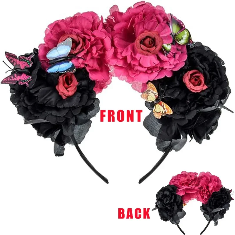 Diadema Corona De Flores Mexicanas Para Halloween Y Día De Muertos - Tela De Colores, Ajustable, Para Fiestas Y Cosplay