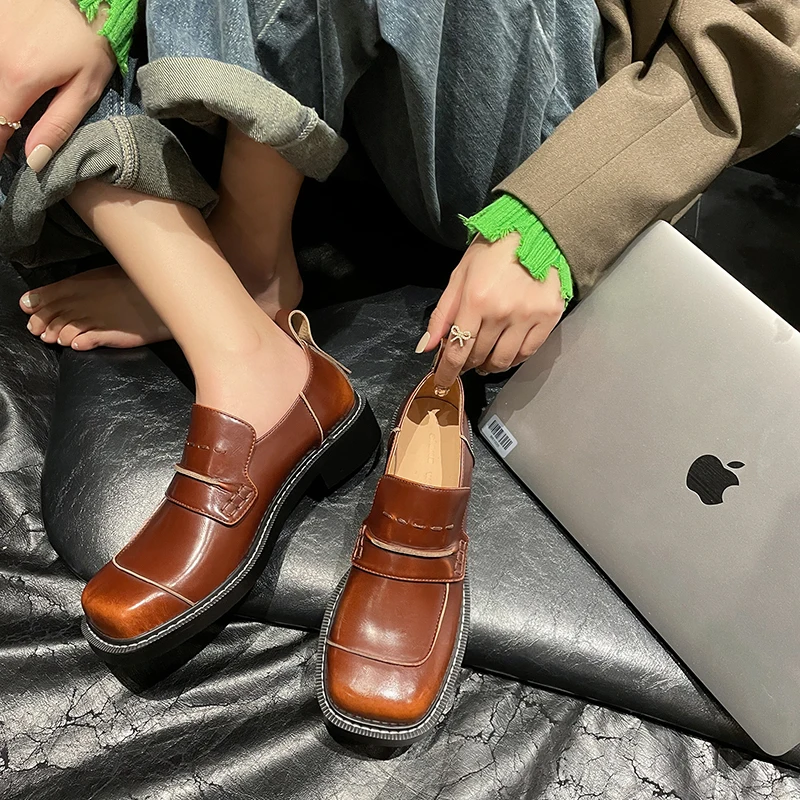 

2023 spring autumn women pumps natural leather 22-25cm cowhide+pigskin+sheepskin full leather loafers square toe shoes for women