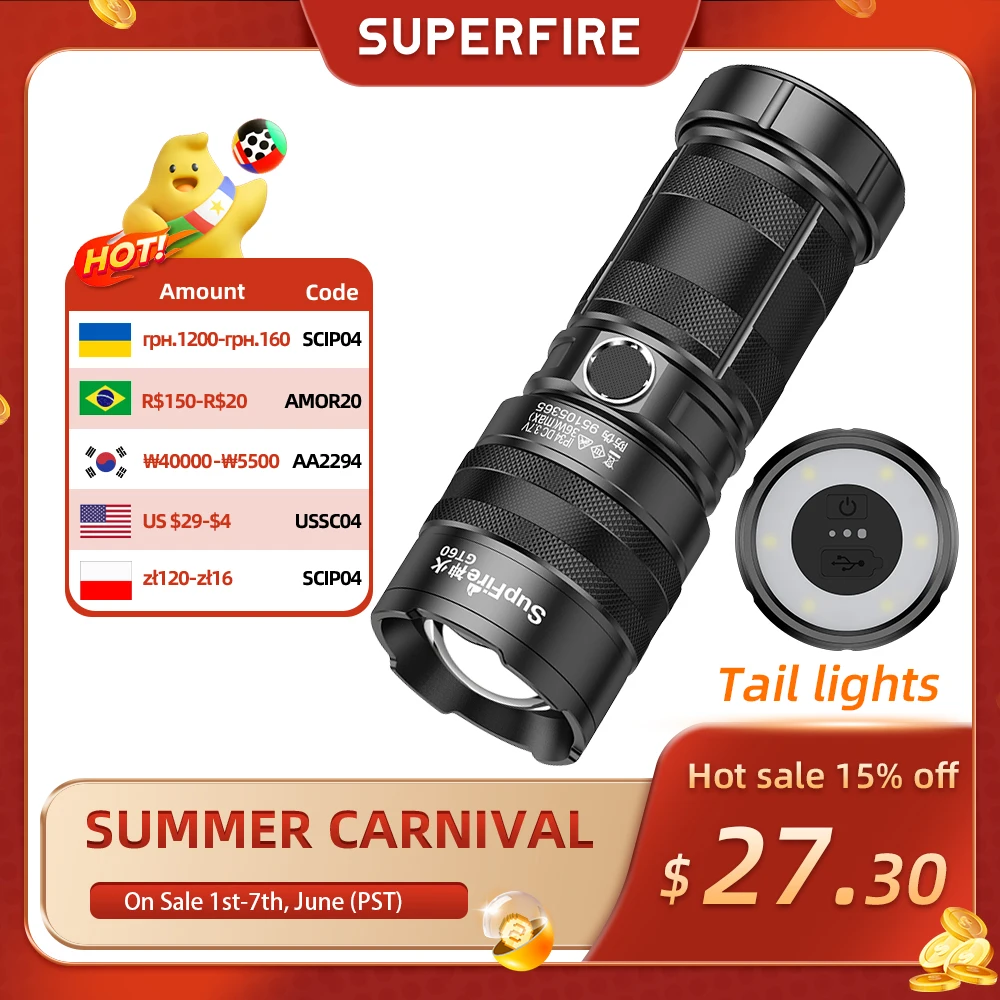 SUPERFIRE GT60 xhp90 2600lm LED Flashlight with Taillight Zoom USB-C Chargeable Lantern Built in 6000mAh Battery Camping Torch