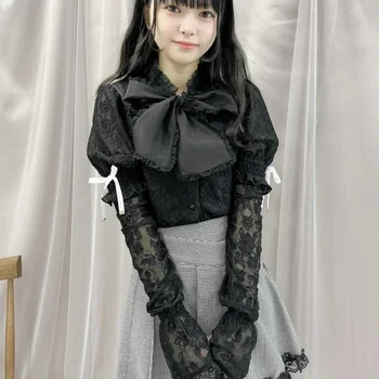 Japanese Style Rojita Girl Blouse with Oversleeves Mine Series Big Bow Ribbon Lace Short Sleeve Long Sleeve Shirts for Women