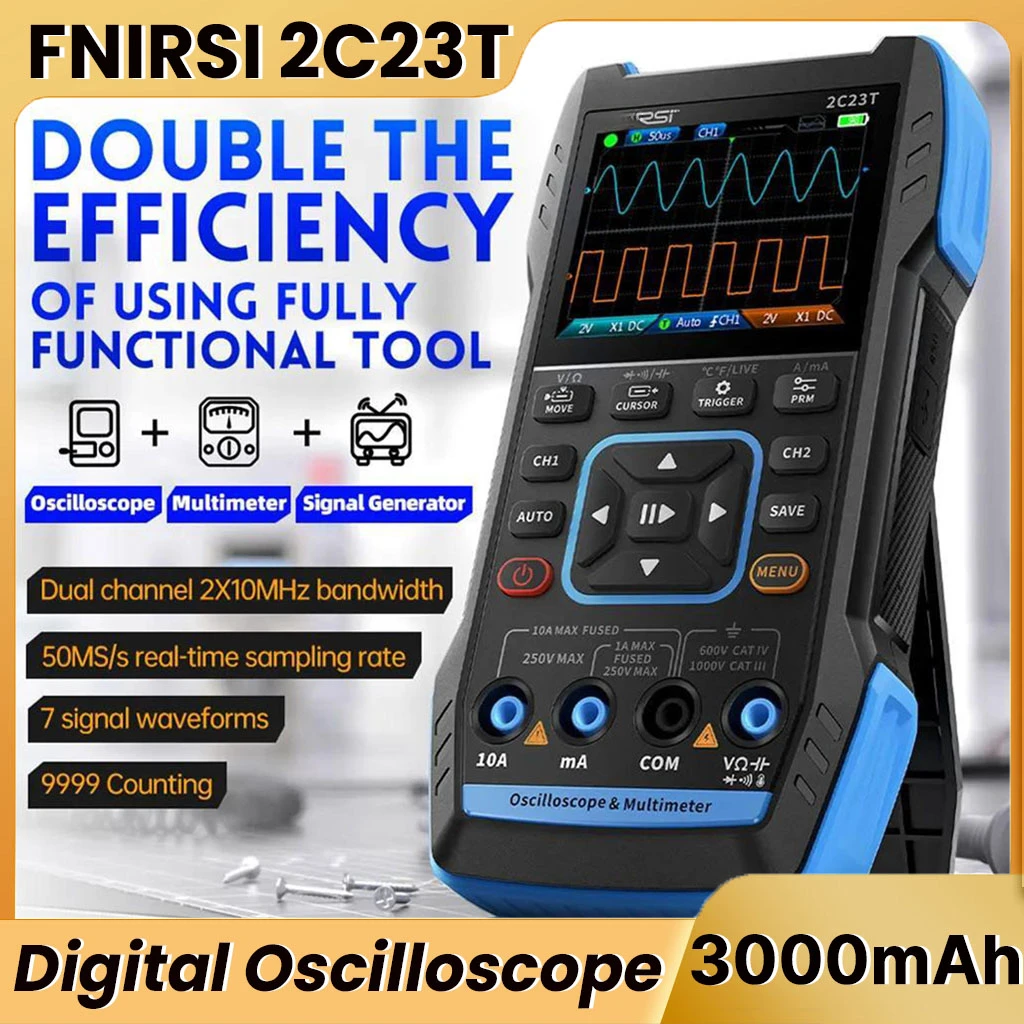

2C23T 3in1 Dual Channel Digital Oscilloscope Multimeter 10MHZ*2 50MS/s Handheld Function Signal Generator 320*240 3000mAh