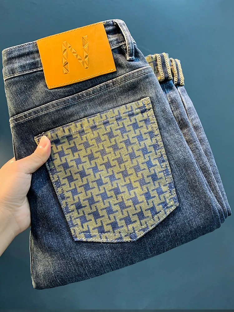 Spring new trendy jeans for MEN'S HIGH END light luxury fashion print elastic casual straight fit loose cotton denim pants