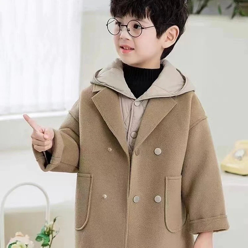 Winter Boys Long Fashion Cotton Woolen Coat Baby Kids Korean Thick Single-breasted 2Pcs Outwear Children Warm Gentleman Jacket