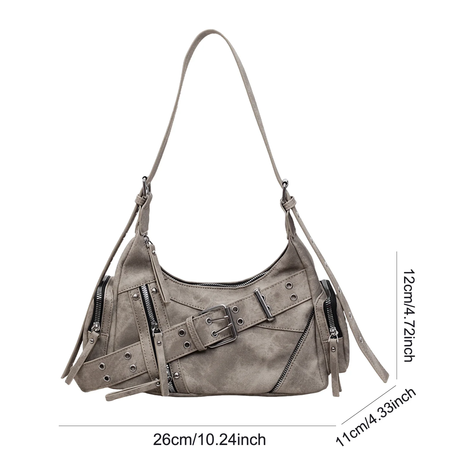 Women Y2K PU Rivet Handbag W/Belt Buckle Underarm Bag Motorcycle Bag for Travel Shopping Daily Use