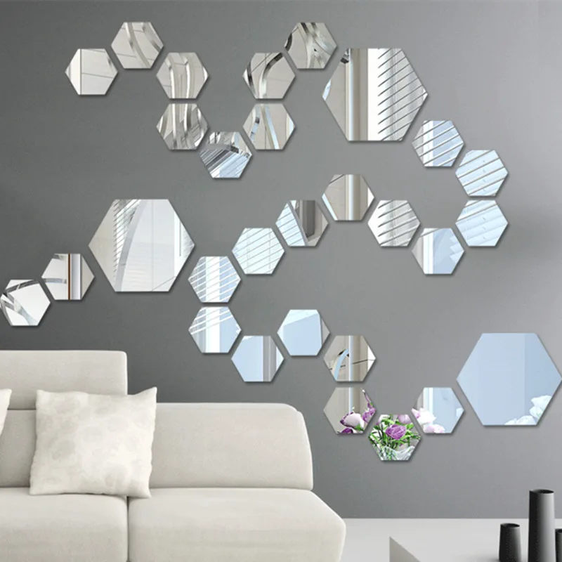 Wall Sticker Acrylic 12pcs 3D Mirror Ornaments Hexagon Adhesive Removable Mini Living Room Bedroom Art