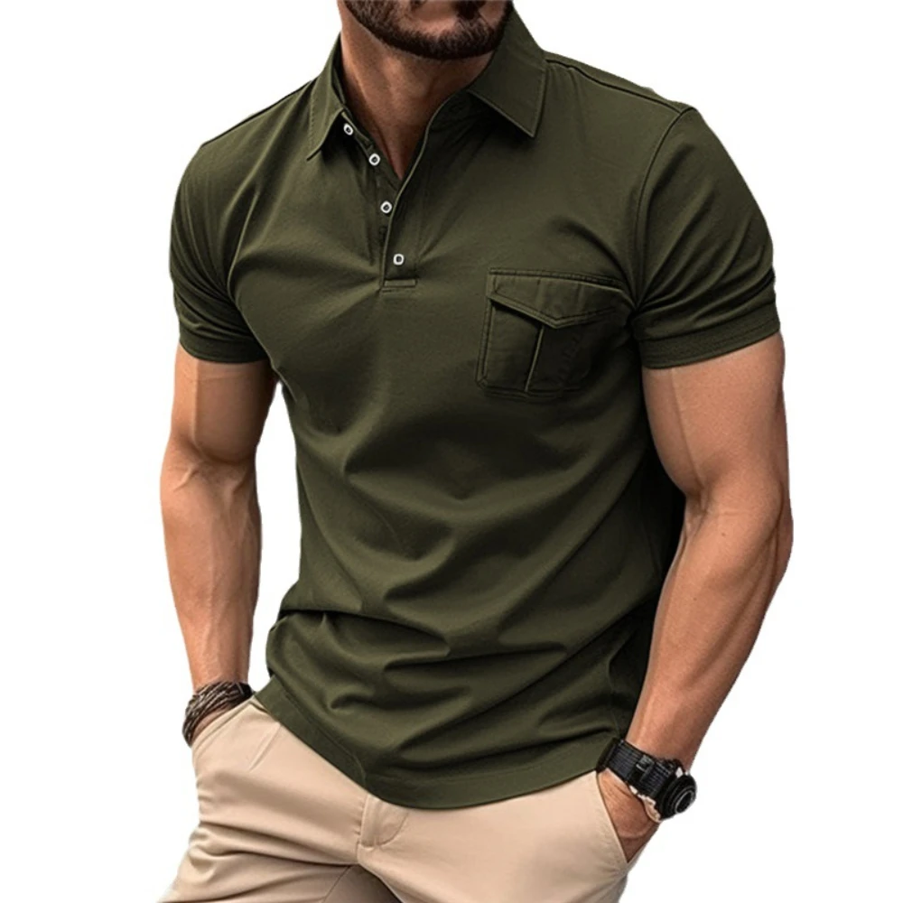 

Новинка, мужские однотонные облегающие рубашки-поло TPJB с короткими рукавами и карманами для мужчин, модная мужская рубашка с воротником