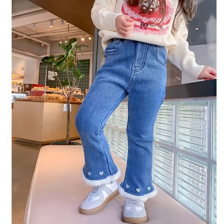 

2023 new Winter Baby Girls Thick Warm Velvet Lining Jeans Pants Children Kids Denim Pant Birthday Princess Clothes Trousers