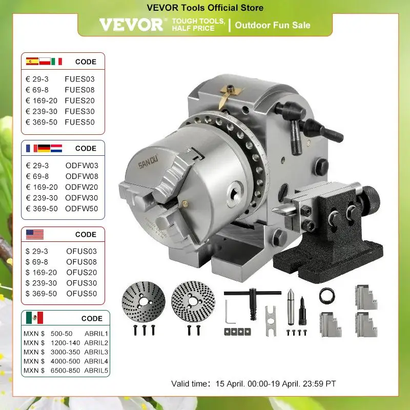 

VEVOR Dividing Head Precision Semi Universal BS0 BS1 4" 5" 6" Indexing Head W/ Tailstock & Chuck for Drilling Milling Grinding