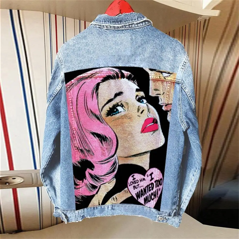 Women's Clothing 2024 Autumn New Hot Street Fashion INS Net Red Personality Sweet Love Girl Print Lapel Denim Jacket