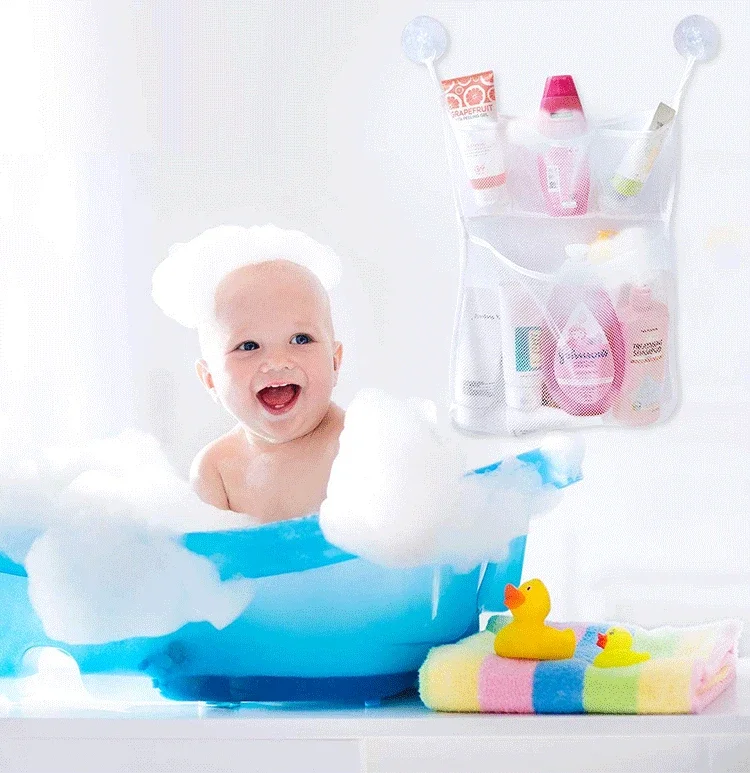 Bathroom Shower Products Drying Storage Strong Suction Cups with Hooks Baby Mesh Net Game Bag Multifunction Bath Toy Organizer