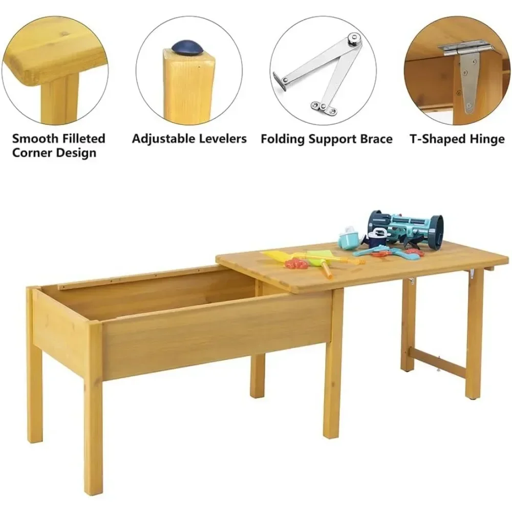 Wooden Kids Sensory Tables with Folding Lid, Activity Table for Children, Elevated Play Tables with Storage for Indoor Outdoor