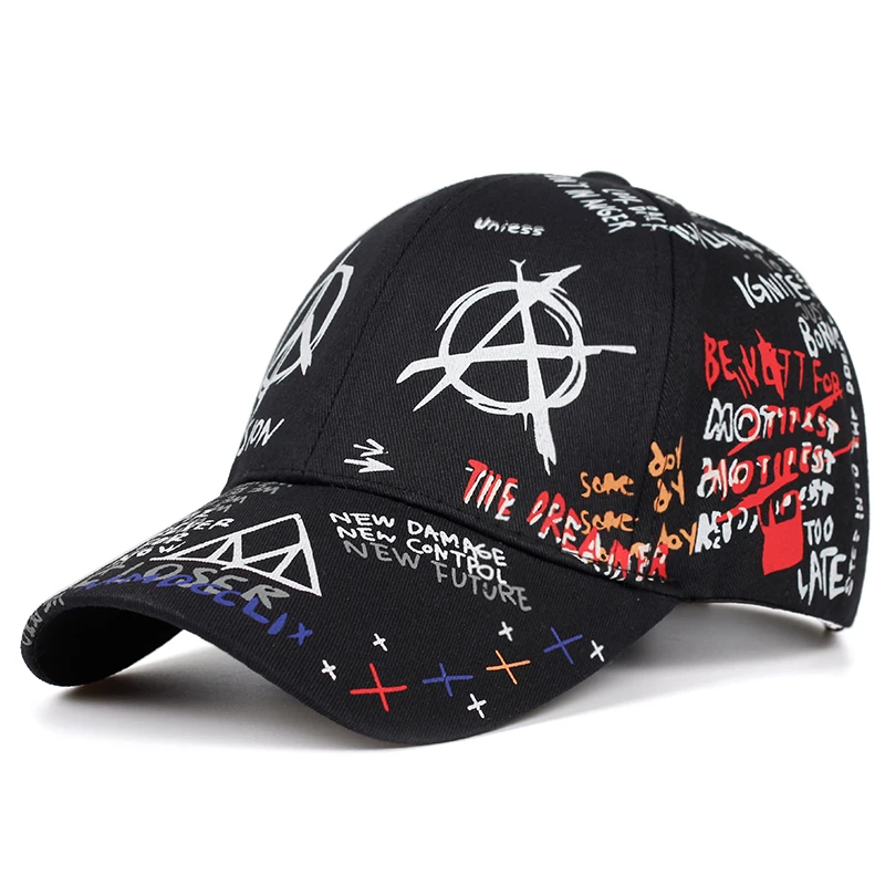 Ny basebollkeps med graffititryck 100 % bomull mode avslappnad hatt för män och kvinnor justerbara solkepsar hip hop pappa hattar_voghion.com