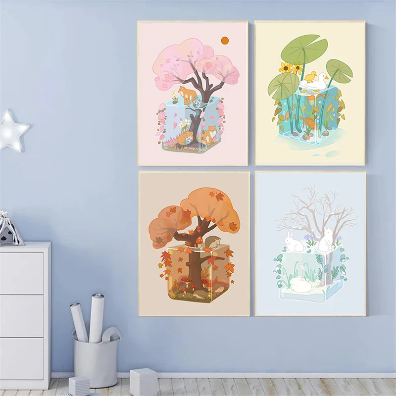Little Fresh Illustration Canvas Poster Lovely Cartoon Family Thing Wall Art Pictures for Living Room Bedroom Modern Home Decor
