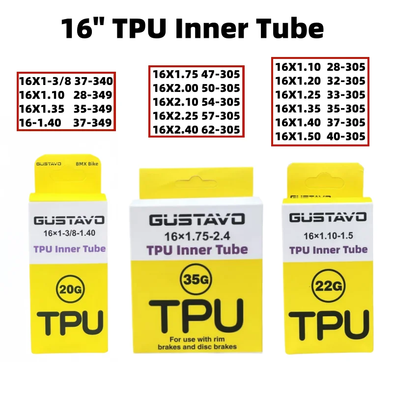 Description Picture 2 of itemGUSTAVO Bicycle TPU Inner Tube 16" 305 349 16x1-3/8 1.1 1.25 1.35 1.5 1.75 1.95 2.125 2.4 Tyre Camera FV 45/65mm BMX Bike Tire