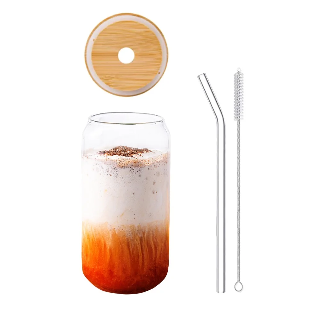 Iced Coffee Glass Cup with Bamboo Lid and Straw, 550ML/470ML Beer Can Glass  with Lids and Straw, Camping Cup, Can Shaped Glass Soda Can Cup