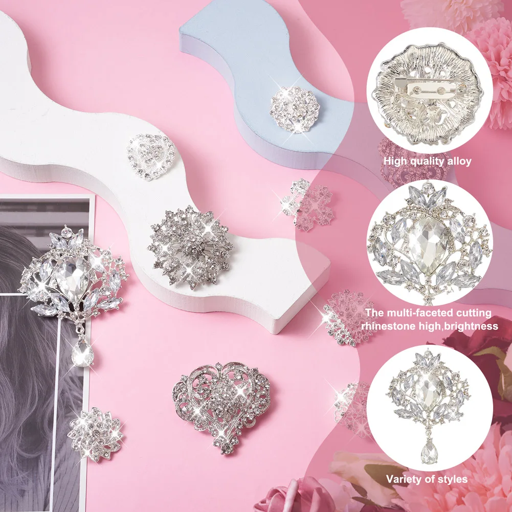 10Pcs Crystal Rhinestone Brooches Pin Set Flower & Heart & Teardrop Exquisite Alloy Lapel Pin For Women Wedding Party Decoras