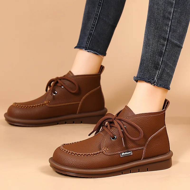 

Women's Fashion Short Boots British Style Vintage Non-slip Lightweight Shoes Round Toe Lace Up Flats Botas Plataforma Mujer