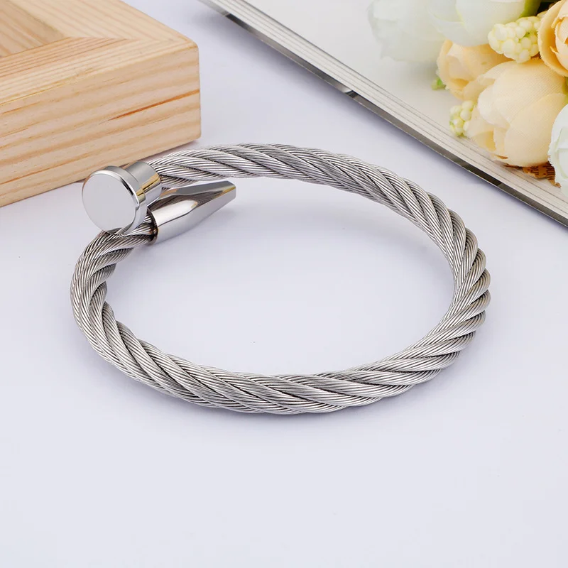 Fongten Punk Stainless Steel Wire Bangle For Men Nail Buckle Trendy Hip Hop Minimalist Male Jewelry Birthday Gift Wholesale 6