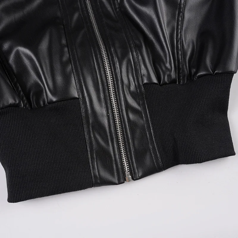 Short Fit-waist PU Jacket in Spring Autumn Motorcycle Style Retro Style Spliced Versatile Outerwear for Fashion-forward Women