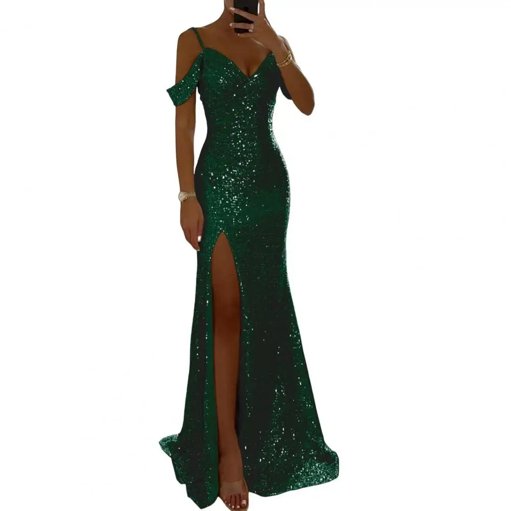 Sequin Party Outfit Elegant Sequin Ball Gown for Prom Wedding Parties Off Shoulder V Neck Maxi Dress with Side Slit for Banquets