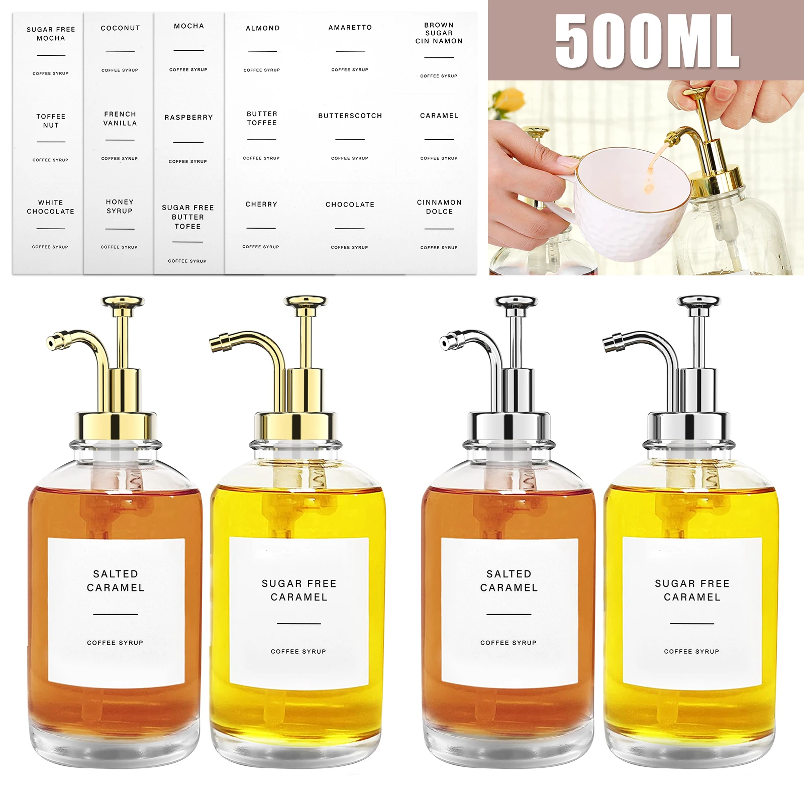 

2 Pcs Coffee Syrup Dispenser with Labels Funnel Reusable Coffee Syrup Container Minimalist Clear Glass Dispenser Bottle