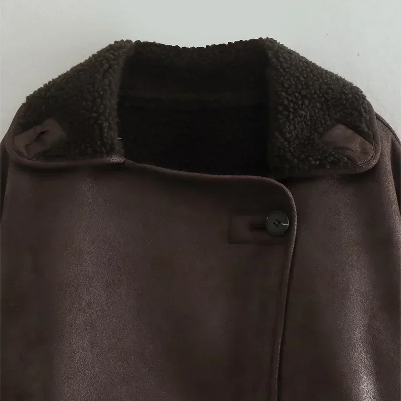 Vintage Women's Leather Jacket Loose Thick Warm Lapel Single Breasted Long Sleeve Fleece Jacket Fall Winter Street Outwear