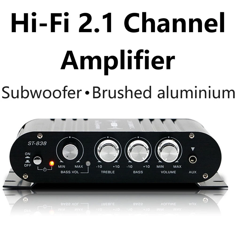 ST-838 HIFI Amplifier 2.1 Channel Car MP3 Mini Amp AUX Input High and Low Bass Adjustment Super Bass 20WX2+40W Black Silver