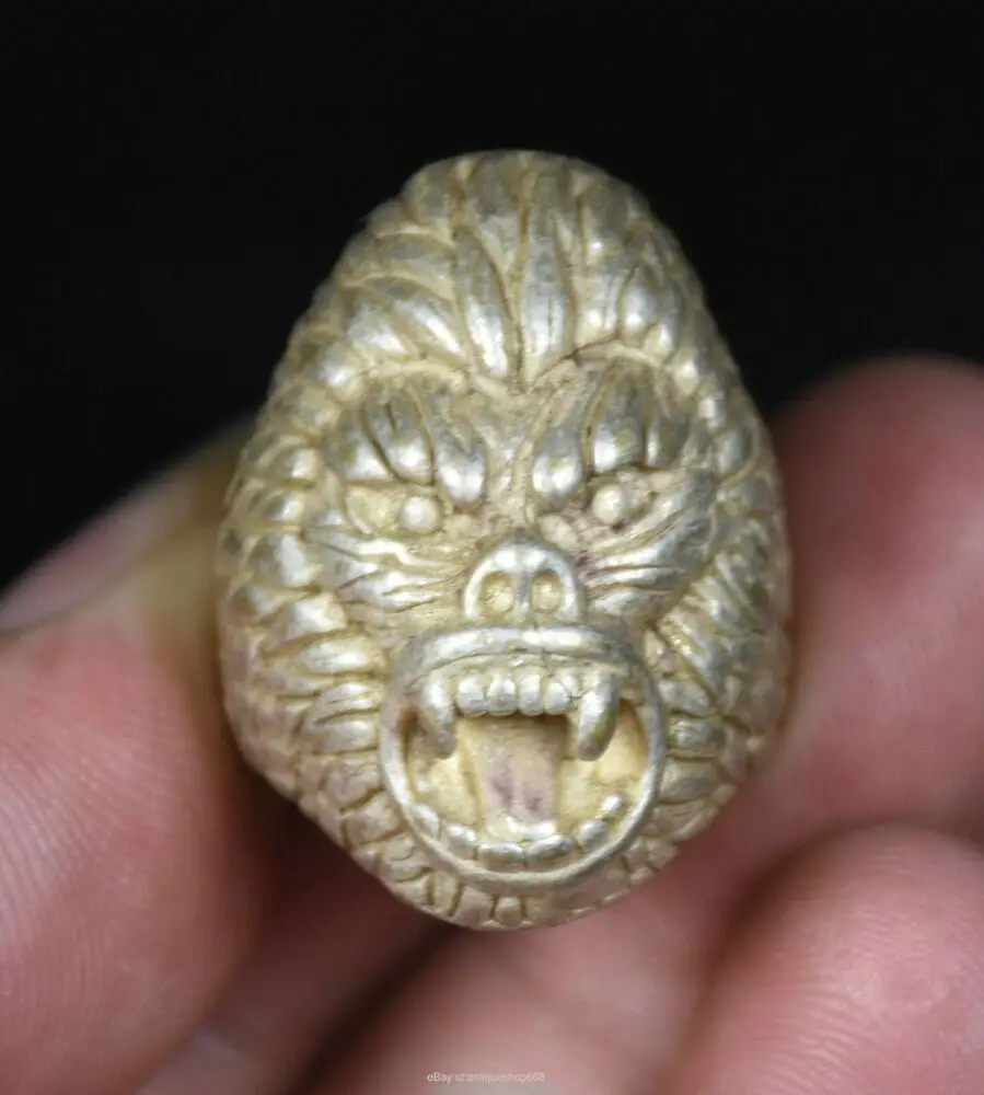 3.3Cm Rare Old China Miao Silver Feng Shui Gorilla Beast Head Jewelry Ring