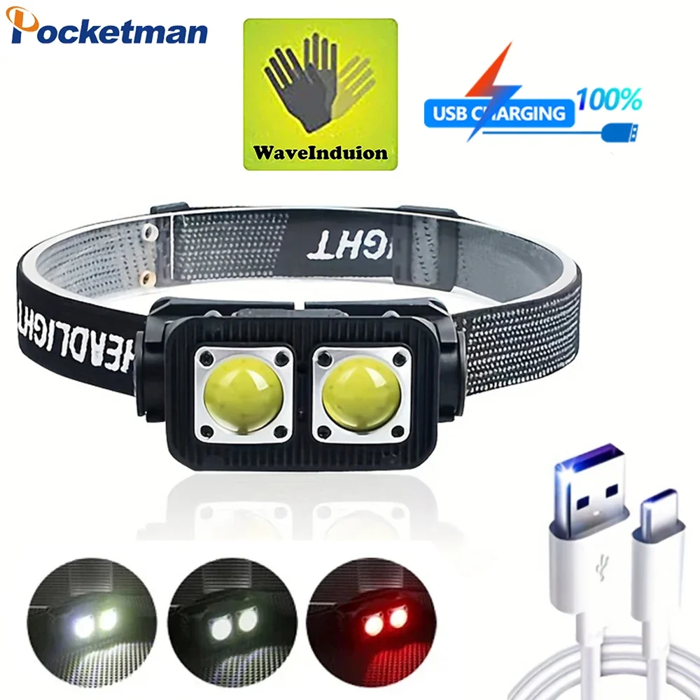 

Portable Headlamp USB Rechargeable Head Lamp Waterproof IR Motion Sensor COB Headlight Red Light Warning LED Light