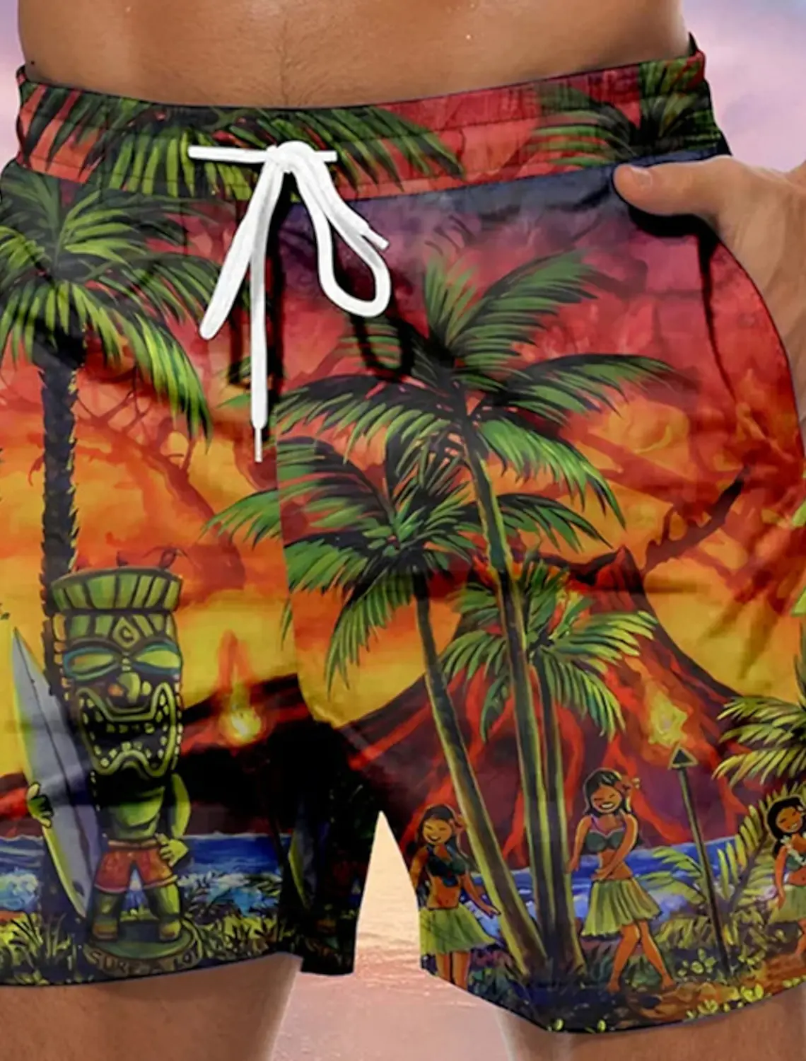thumbnail image 1 of Pantalones cortos de tabla para hombre, pantalones cortos de playa con cordón, estampado Tiki, árbol de coco, de secado rápido, pantalones cortos casuales hawaianos para vacaciones, 4 microelásticos, 1 of 4