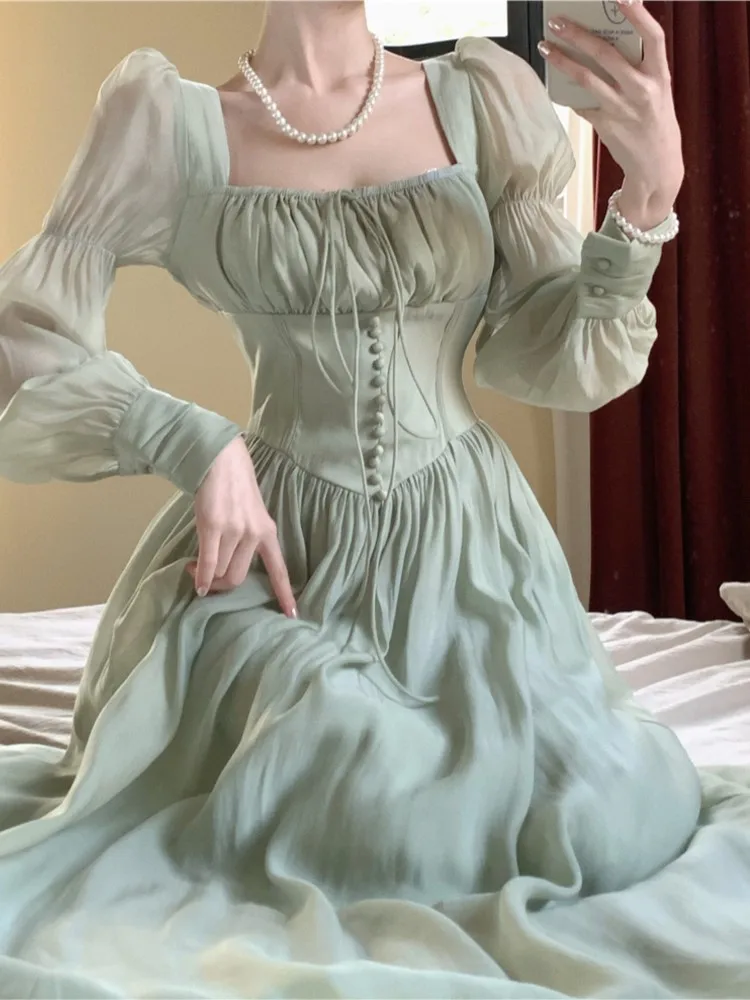 

Elegant Princess Party Dress Women High Waist A-line Lace Up Autumn Spring French Vintage Prom Robe One Piece Vestidos Mujer New