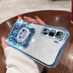 Cute Bear Holder Plating Silicone Shockproof Stand Case - Soft Protective Cover for Infinix Hot 40 Pro (SFCZX Sierra blue)