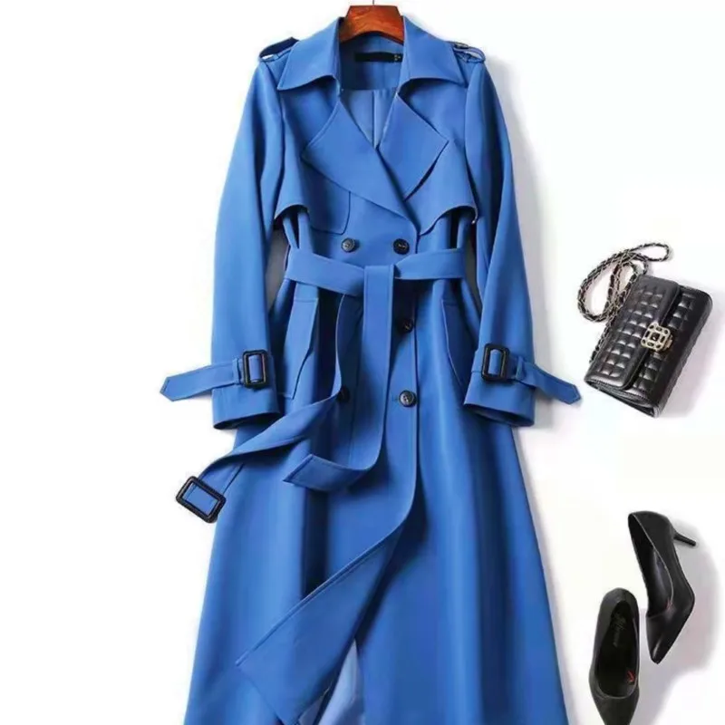 Women's Trench Coat 2024 Autumn Korean Long Jacket with Belt Solid Double-breasted British Style Khaki Coat For Women Red Blue