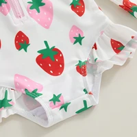 Toddler Baby Girls Swimsuit Swimming Suit Princess Strawberry Print Long Sleeve Bikini with Hat Newborn Swimwear for Summer 6