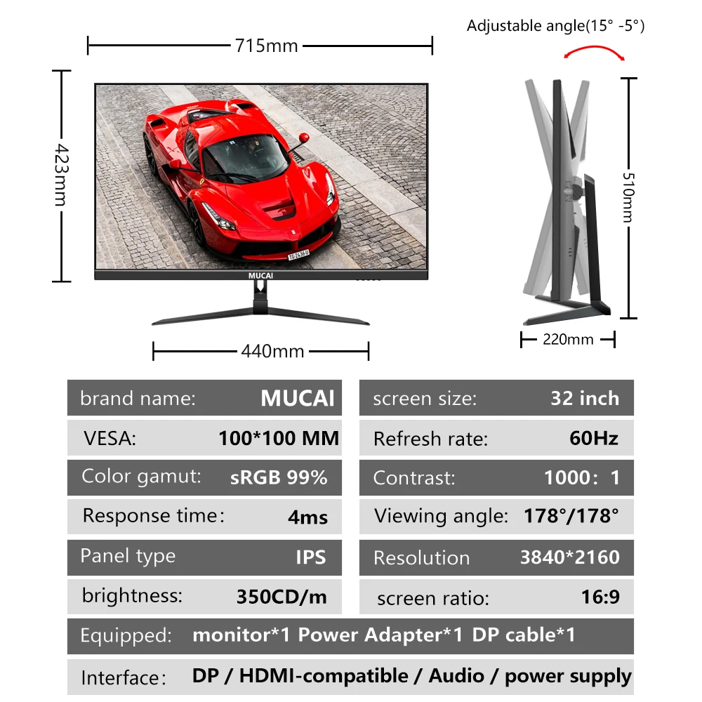 MUCAI ũž ӿ ǻ ȭ, 32 ġ PC IPS 4K , UHD LED ÷, HDMI ȣȯ DP  3840*2160, 60Hz