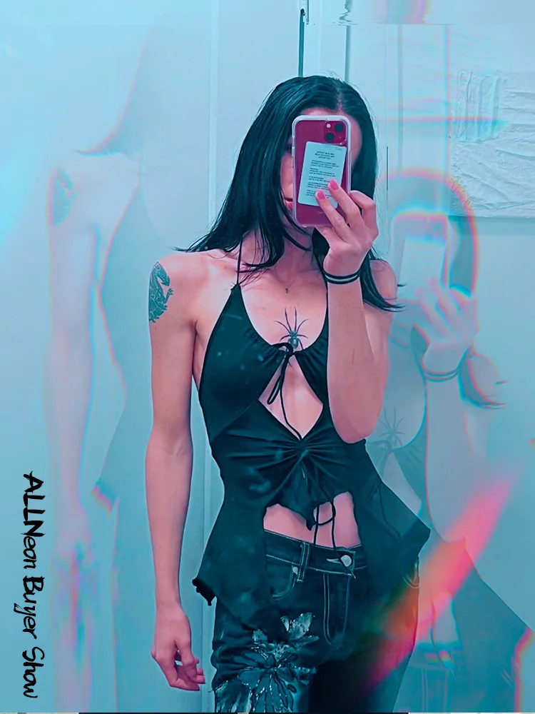 ALLNeon 2000s Aesthetics Sexy Ruffles Cut Out White Tank Tops Y2K Fashion Bandage Hollow Out Halter Tops Drawstring Clubwear