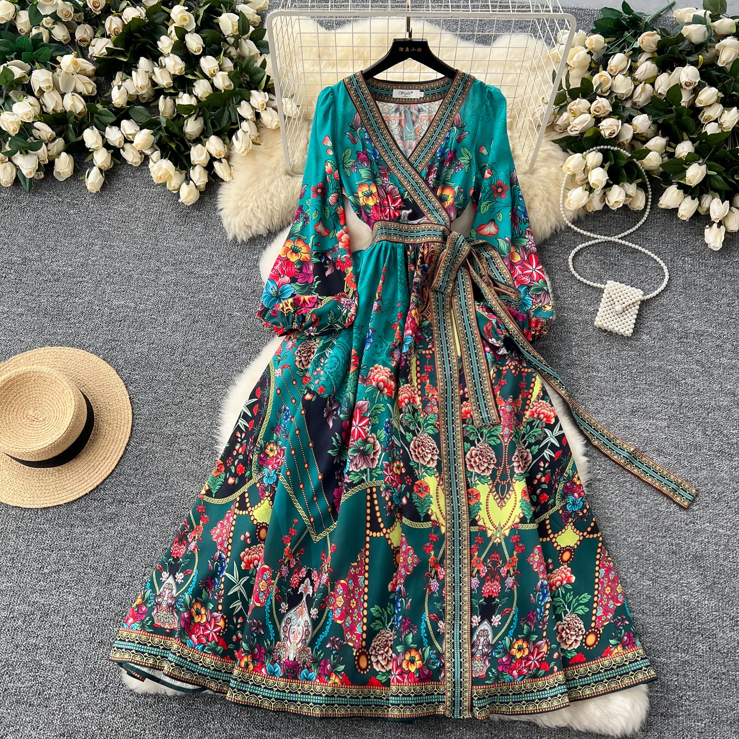 

Retro Elegant Lantern Sleeves V Neck Print Bandage Dress Vacation Casual Women A-LINE Fashion Summer Dresses