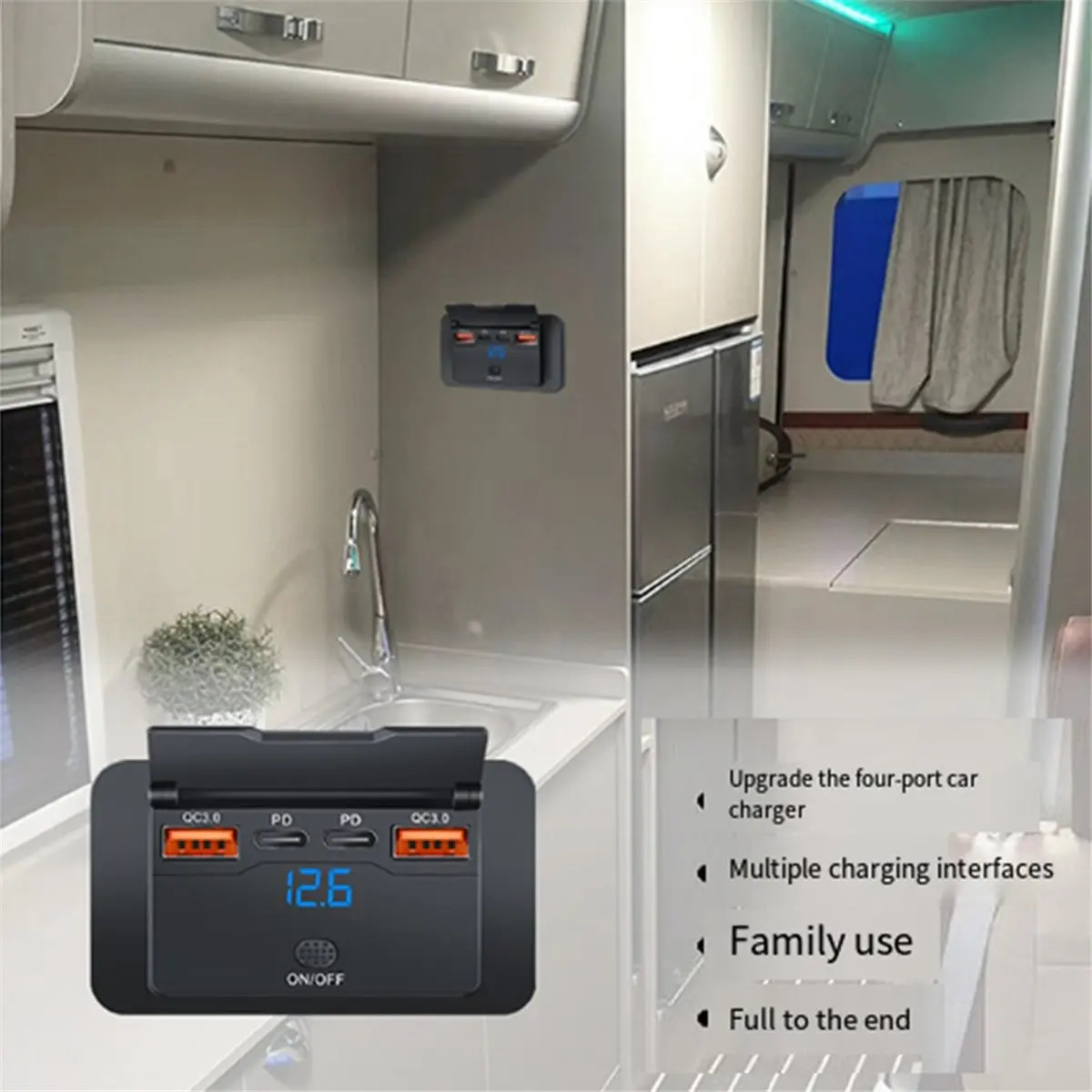 (A96Z) 4포트 12V 108W 듀얼 PD+듀얼 QC3.0 USB 충전기(디지털 전압계 스위치 소켓 전원 콘센트 패널 어댑터 포함)