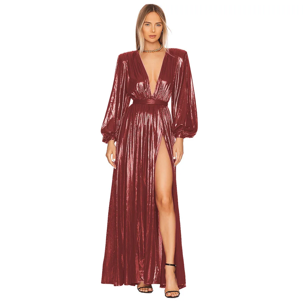 Metallic Shiny Sexy Open Back V Neck Dress Women Long Sleeve Floor Length  Dress | eBay