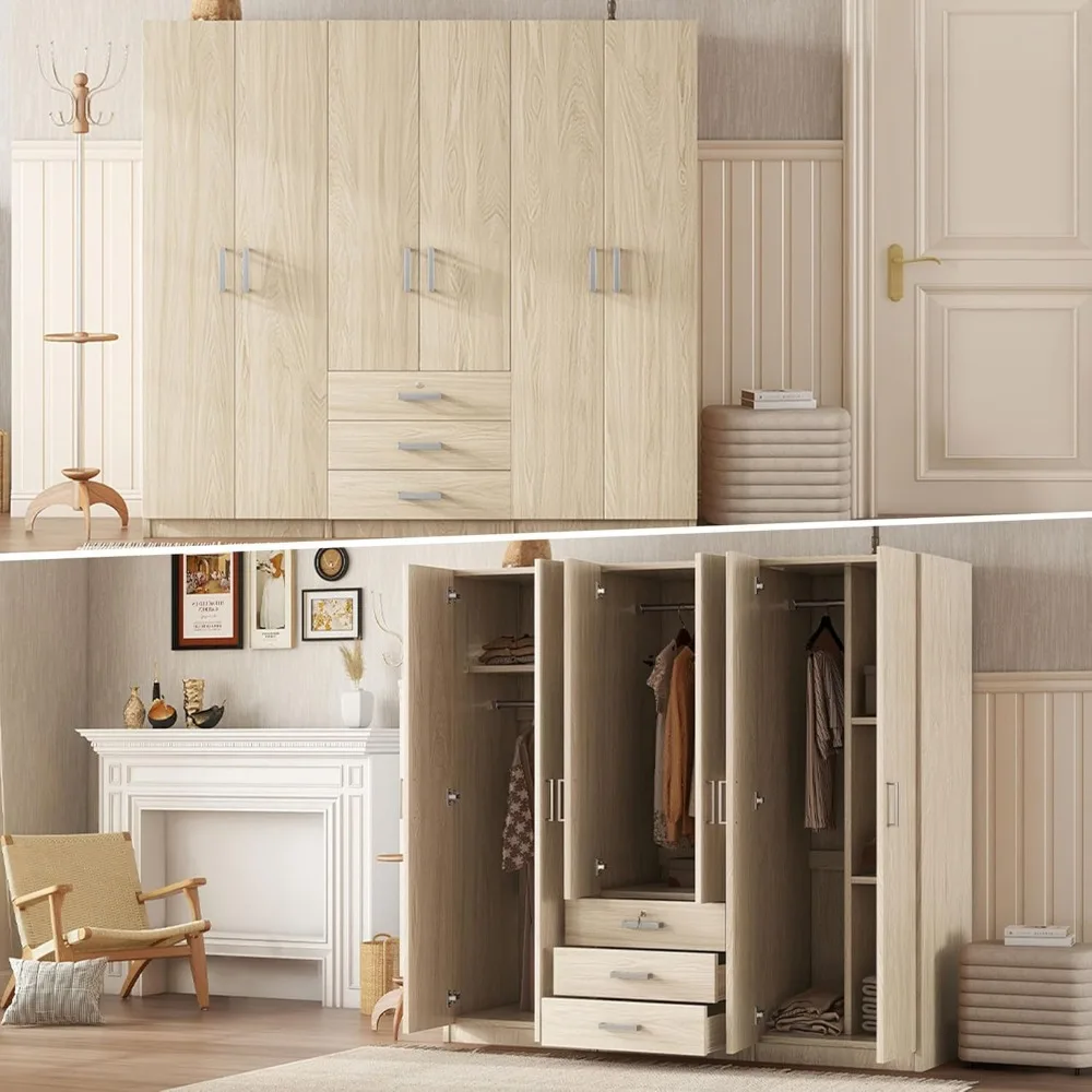 Large Wardrobe Closet 6 Doors, 70.9" W Wooden Wardrobe Cabinet with Big Drawers, Bedroom Armoire Dresser Wardrobe Clothes Organi 4