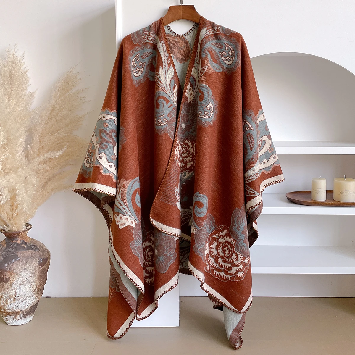 Brand Fashion Winter Cashmere Shawl for Women - Oil Painting Floral Printed Pashmina Thick Scarf, Wrap & Poncho