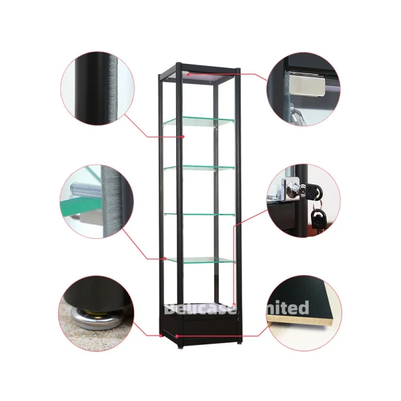 Black Aluminum Frame Glass Display Cabinet For Collect With LED light Showcase custom