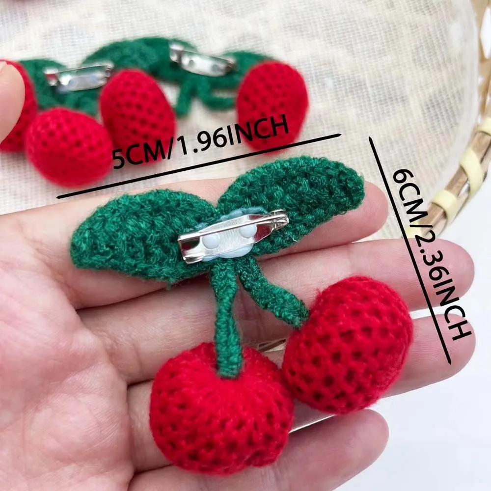 3pcs 수제 크로셰 체리 브로치, 녹색 잎사귀가 있는 체리 액세서리, DIY 공예, 가방 의류 장식, 공예용