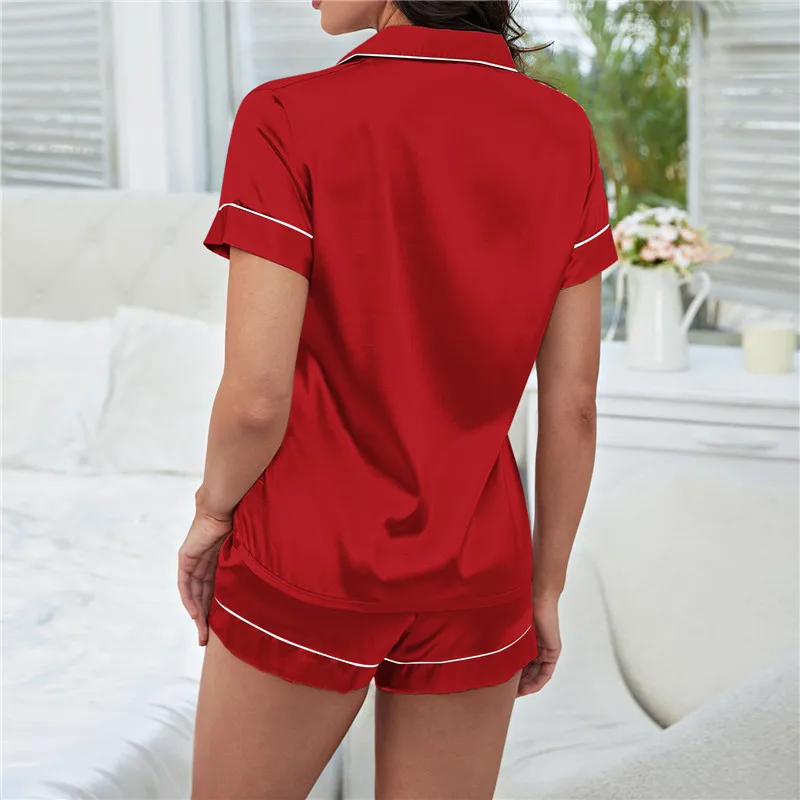 

Лето 2023, женский Шелковый Атласный пижамный комплект, топ с коротким рукавом с отворотом и шорты, комплекты из двух предметов, одежда для сна, одежда для отдыха на пуговицах