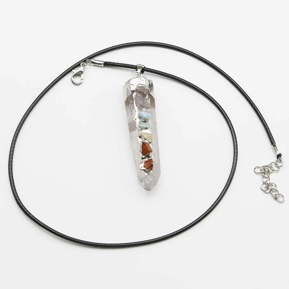 Natural Silver Plated 7 Color White Crystal Pillar Pendant Leather Rope Necklace Fashion Reiki Charms DIY Jewelry Wholesale 4Pcs