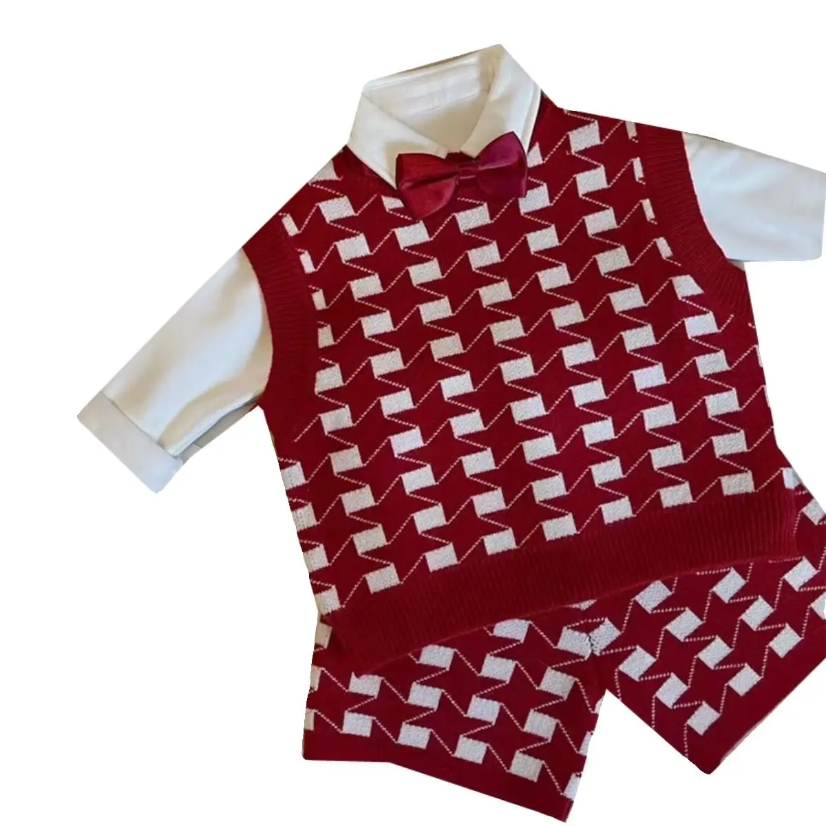 2025 겨울 아동 니트 세트 레트로 레드 체크 무늬 조끼, 니트 반바지, 남아 여아용 투피스 세트