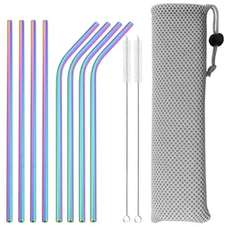 Colorful 11 - Piece 304 Stainless Steel Reusable Straw Set with Cleaning Brush and Carry Bag (Rainbow)