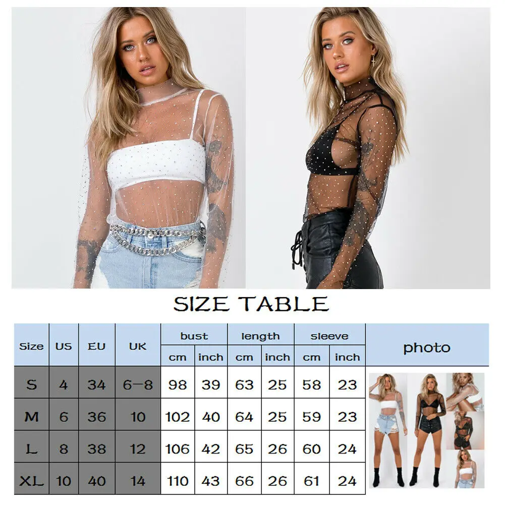 Sexy Womens Boho Clothing See-through Crystal Rhinestone Sequins Glitter Lace Mesh Turtleneck Long Sleeve Blouse Cover-ups images - 6