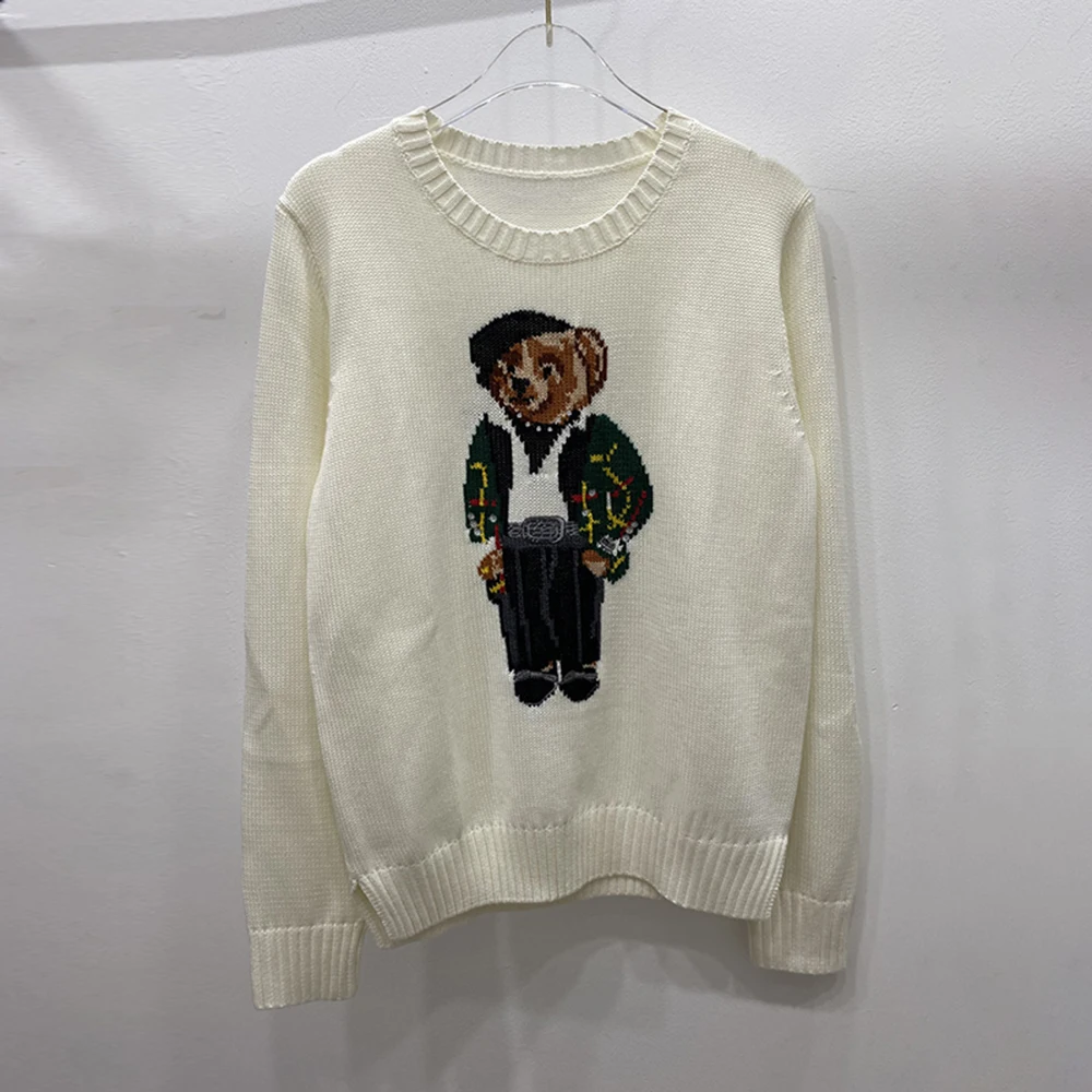 

Женский свитер с длинным рукавом и круглым вырезом, весенний растягивающийся шерстяной пуловер с вышивкой, милый белый топ с мультяшным медведем, женский модный топ